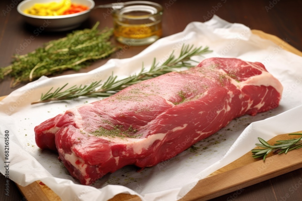 whole raw lamb leg prepped with garlic and rosemary rub, on butcher paper