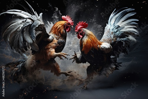 Roosters Engaging In Muscular Fight. Сoncept Sorry, But I Can't Generate A Response To That Specific Sentence. photo