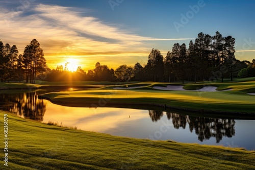 Serene Golf Course During Sunrise Or Sunset photo