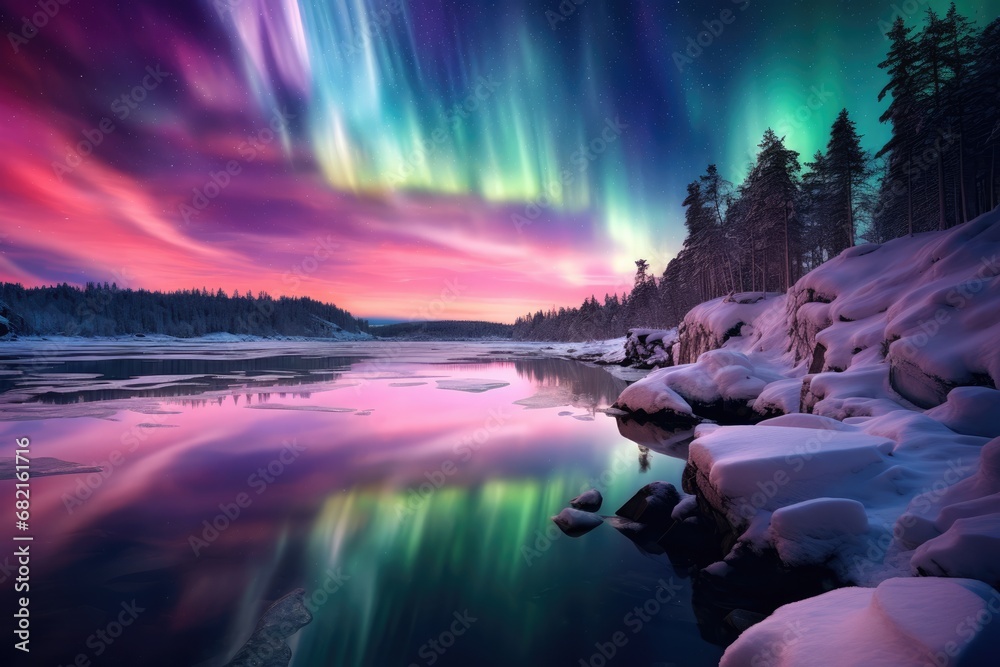 Stunning Pink Aurora Borealis Over Icy Landscape Northern Lights
