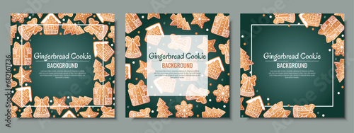 Set of Christmas background with gingerbread house, gift, snowflake, fir tree. Greeting card with cookies in glaze. Flyer, banner poster for invitation