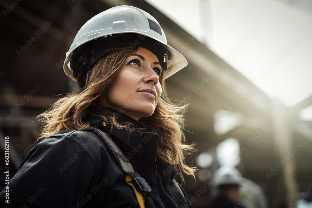 Woman In Hard Hat On Construction Site Safety Is Important Woman In Hard Hat On Construction Site Safety Is Important