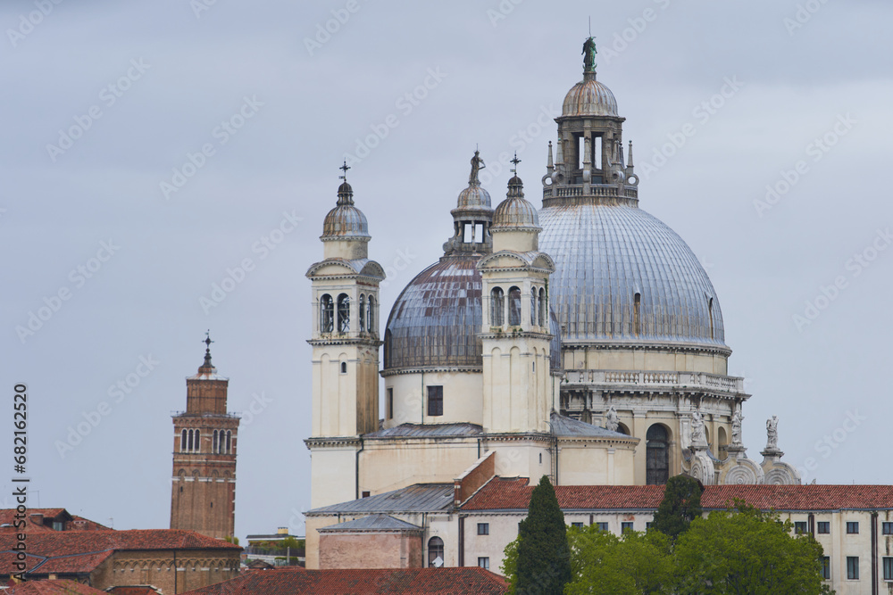 Dome of Church of Saint Mary of Health (Italian: Santa Maria della Salute) in close up. Venice - 5 May, 2019