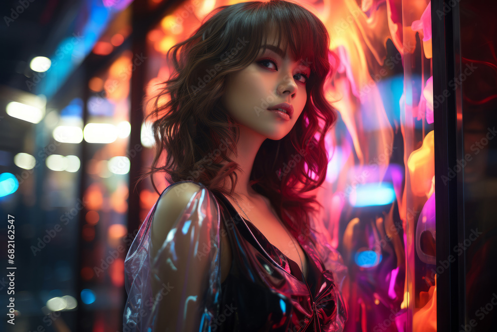 a beautiful young girl with dark curly hair and bangs stands against the background of neon lights of a night street, the model looks at the camera