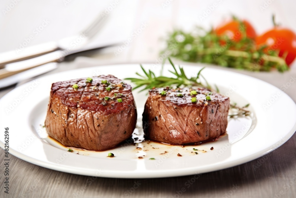 filet mignon on a white plate with sprig of thyme filet mignon on a white plate with sprig of thyme