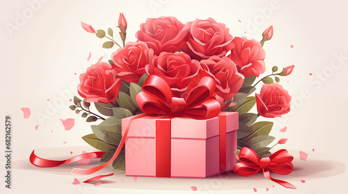 Gift box and Valentine's Day flowers vector with background