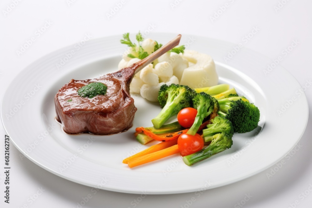 single lamb chop served with steamed vegetables on a square plate single lamb chop served with steamed vegetables on a square plate
