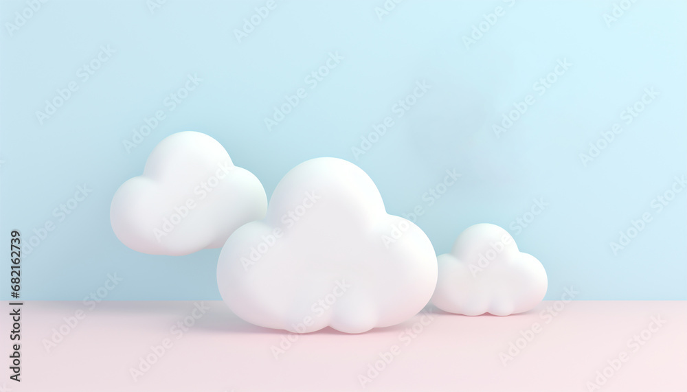 Cute pastel clouds Pink 3d clouds set isolated on a light pastel background. Render magic clouds icon in the blue sky. 3d geometric shapes illustration Fluffy cute background