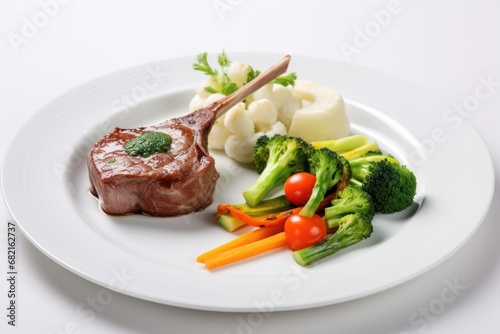 single lamb chop served with steamed vegetables on a square plate