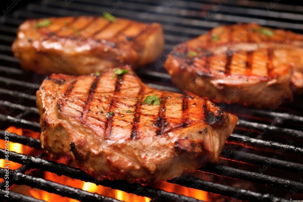 perfectly grilled pork chops on a stainless steel grill perfectly grilled pork chops on a stainless steel grill