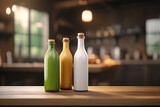 Empty spot with variety of sauce bottle on side in wooden tabletop, kitchen Background