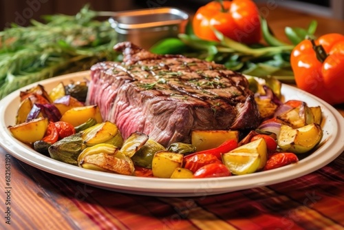 grilled ribeye with roasted vegetables on a round platter