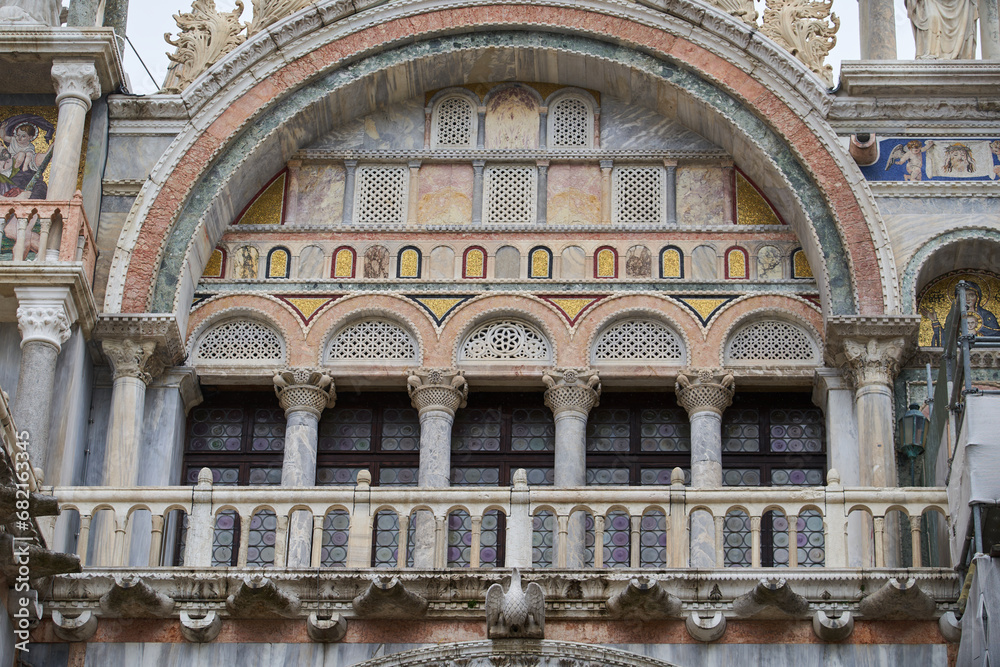 Balcony of Patriarchal Cathedral Basilica of Saint Mark (Italian: Basilica Cattedrale Patriarcale di San Marco). Venice - 5 May, 2019
