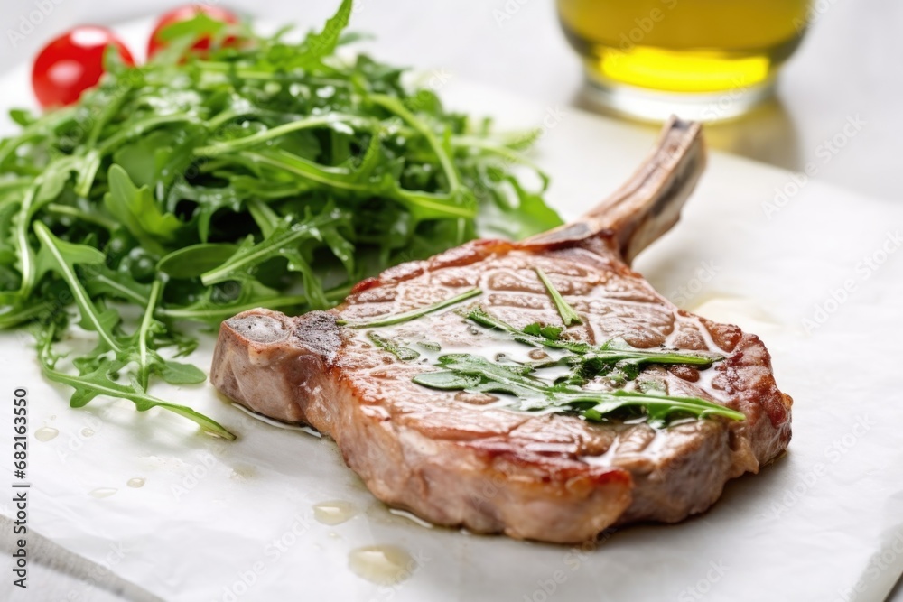 veal chop on a bed of arugula on a marble countertop