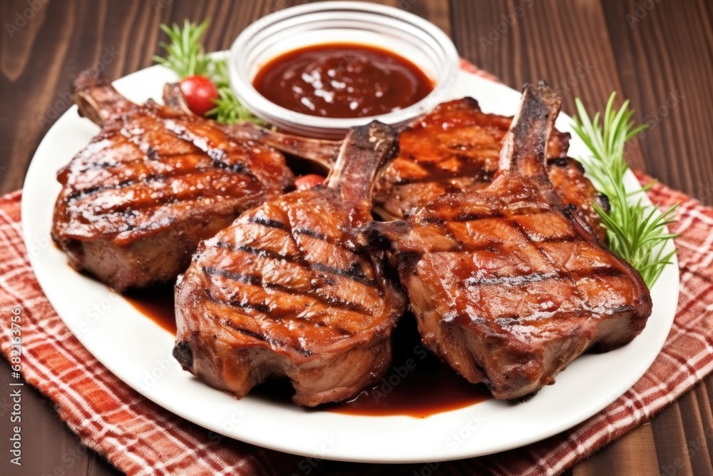 grilled veal chops coated with a tangy barbecue sauce on plate