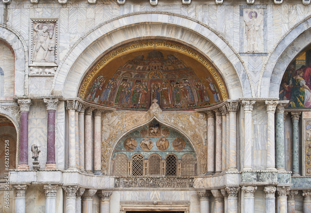 Mosaic Porta Sant'Alipio on the entrance of Basilica di San Marco. Venice - 5 May, 2019