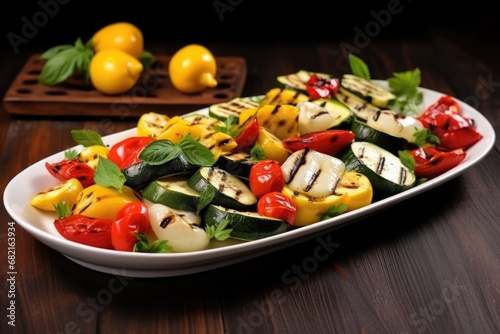 grilled veggies on a rectangular ceramic dish on a dark table