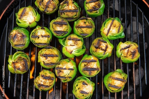 overhead shot of a grill filled with charred brussels sprouts