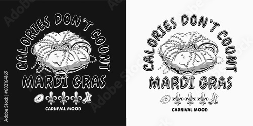 Carnival fun Mardi Gras label with traditional king cake, fleur de Lis sign, text. For prints, clothing, t shirt, surface design. Vintage illustration. Not AI