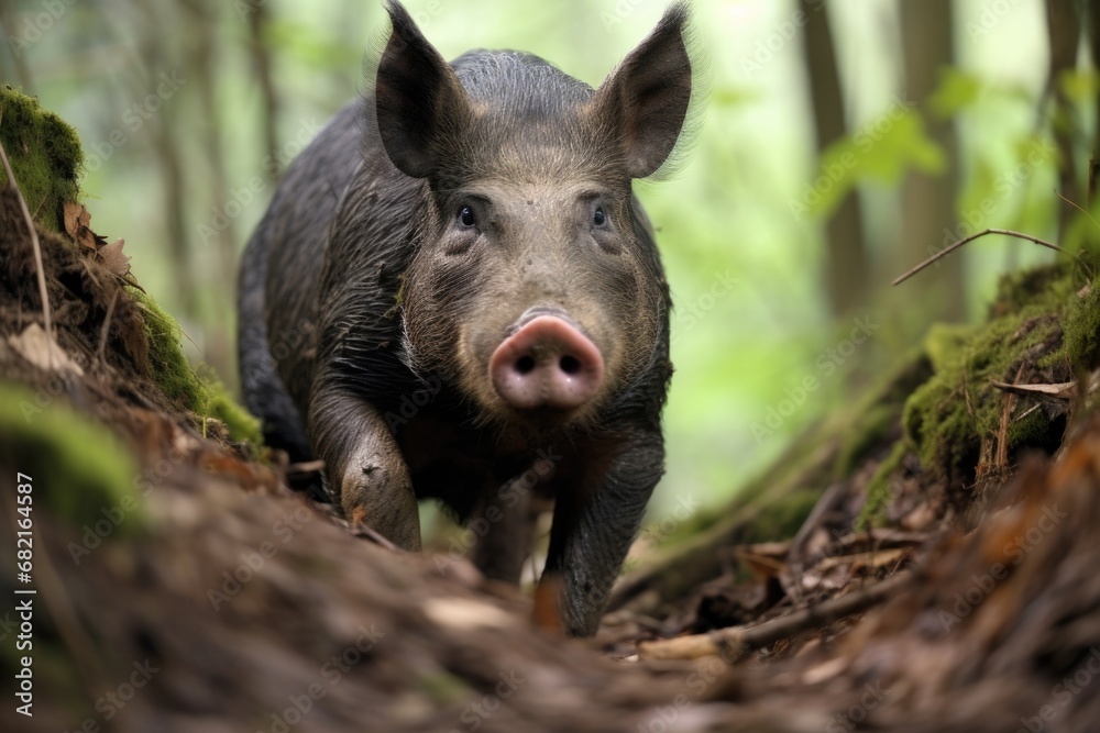 a wild boar rummaging through a forest a wild boar rummaging through a forest