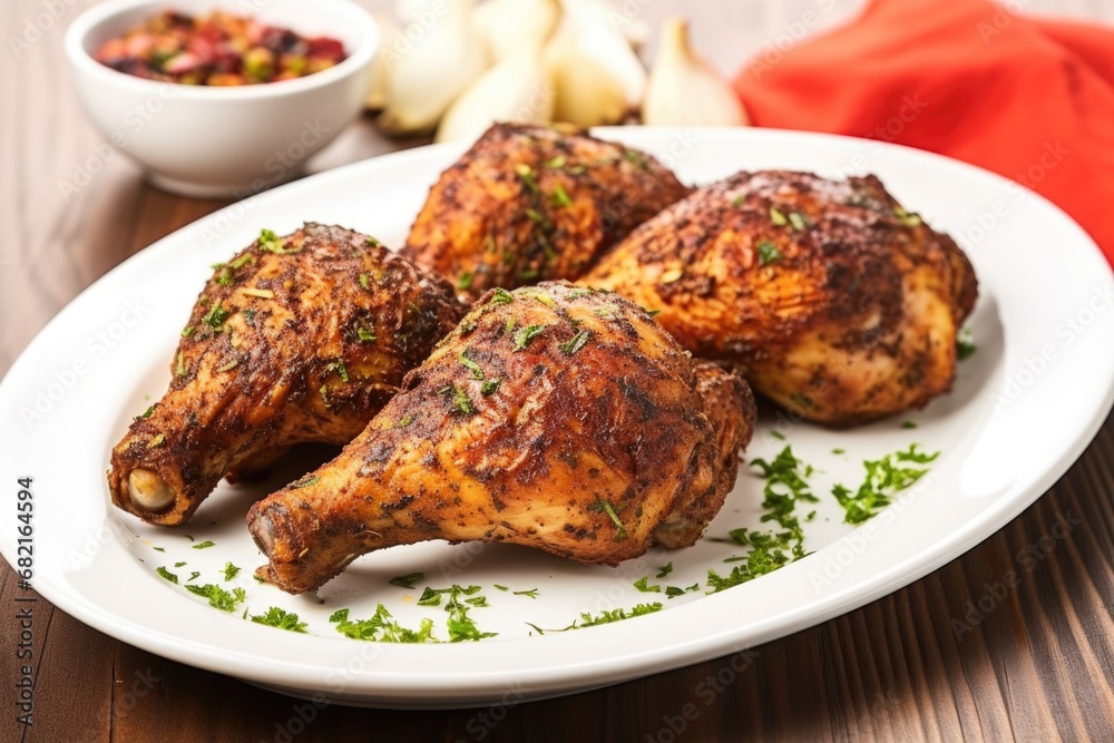jerk chicken drumsticks on a white ceramic plate jerk chicken drumsticks on a white ceramic plate