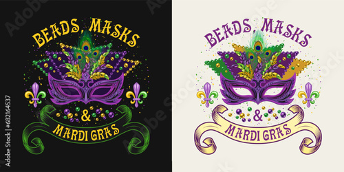 Carnival Mardi Gras label with masquerade mask, feathers, scattered beads, confetti, vintage ribbon with text Beads, Masks, Mardi Gras. For prints, clothing, t shirt, surface design. Vintage style