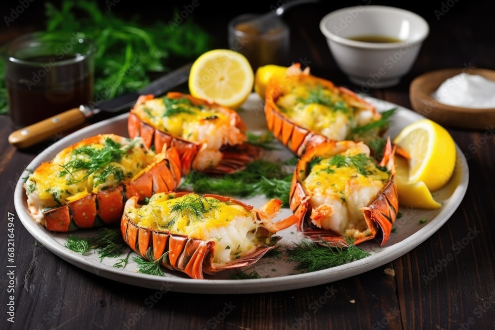 baked lobster tails with gold spoon slicing through herb butter
