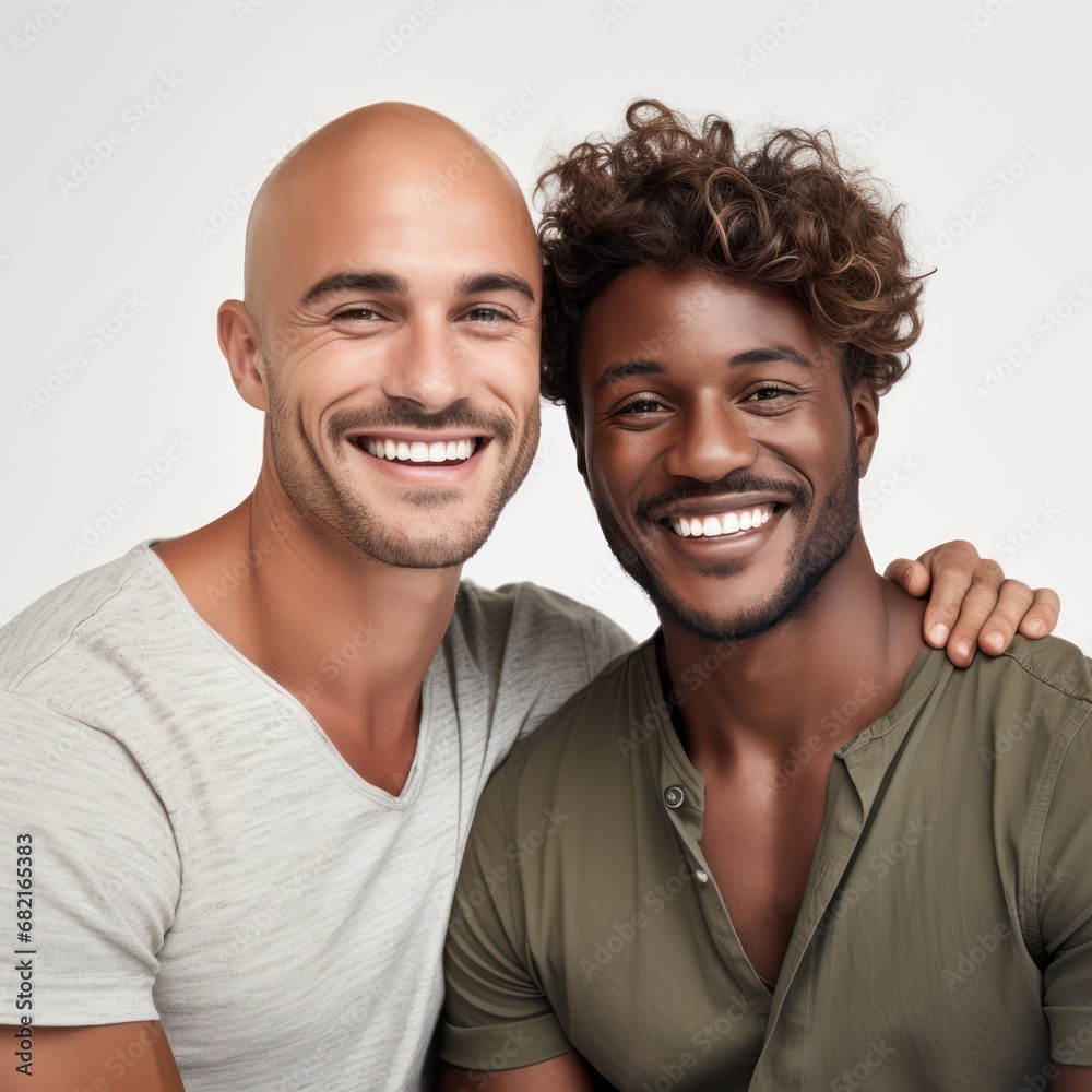 Gay men couple having tender moment together at home - Homosexual, multiracial love and relationship concept