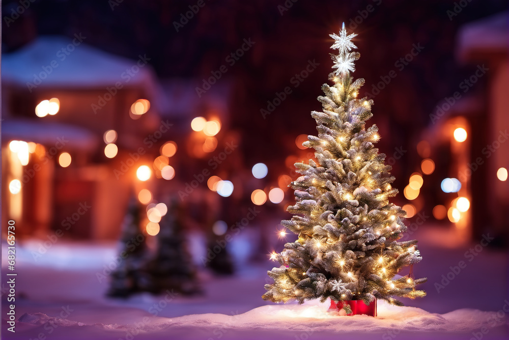 The pine tree with lights on Christmas night, the warm and joyful pine tree at Christmas