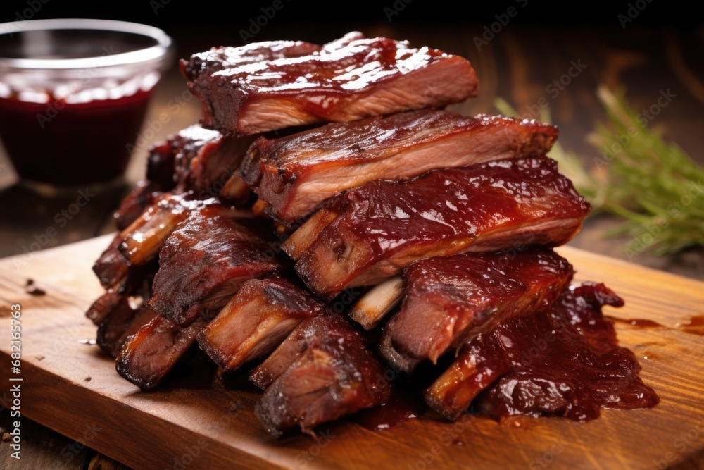 heaping stack of ribs clothed in bbq sauce