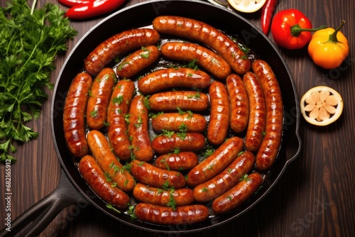 overhead shot of gourmet sausages in a skillet