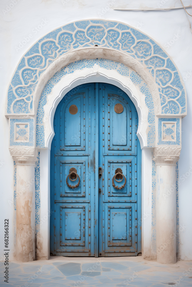 Blue aged wooden door with arch and oriental ornament. Culture and architecture of oriental country. Vertical photo