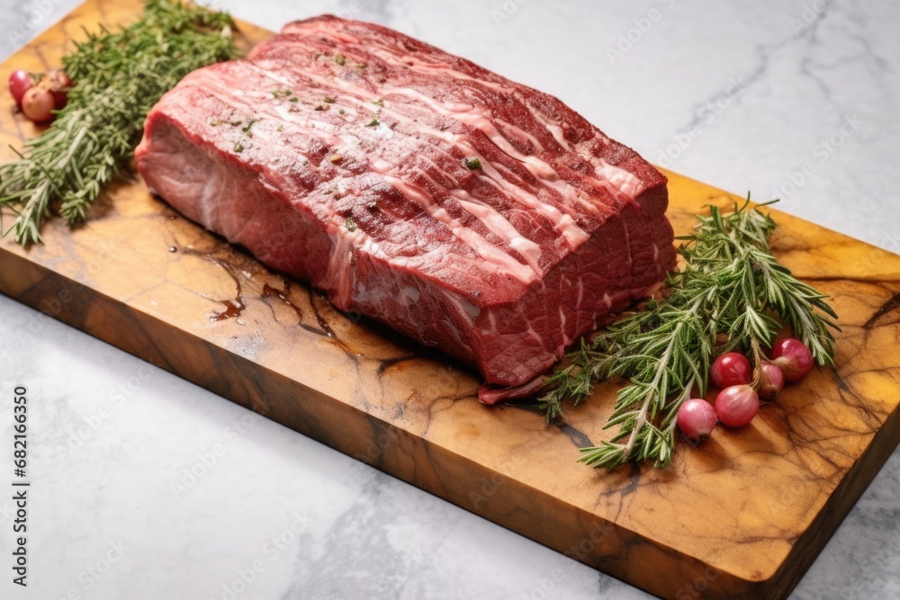 high angle of a savory smoked beef brisket on a marble surface high angle of a savory smoked beef brisket on a marble surface