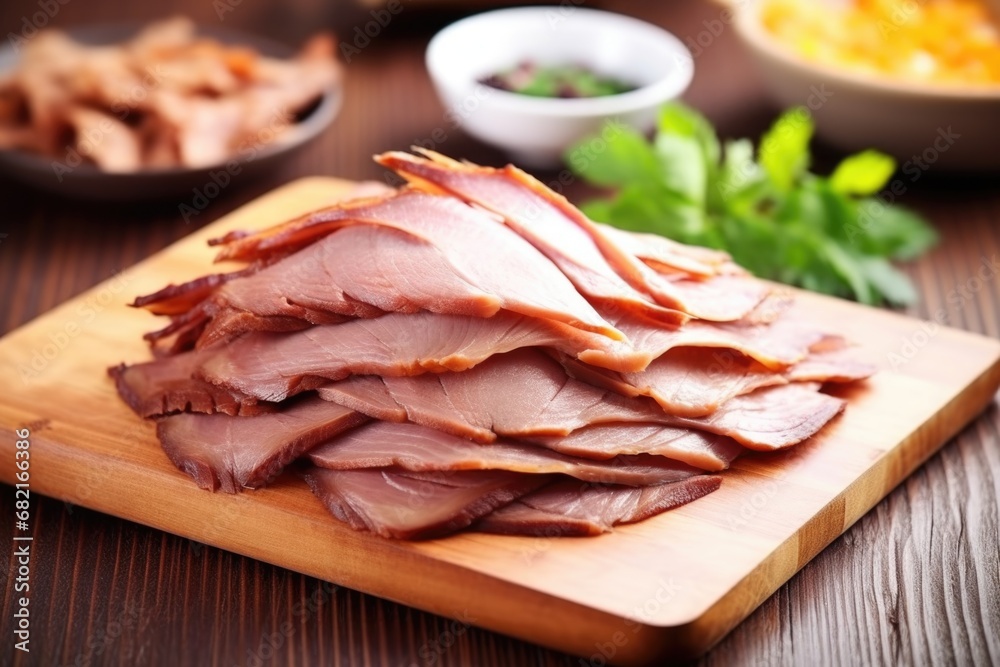 close-up view of thinly sliced smoked duck