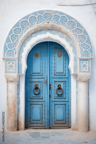 Blue aged wooden door with arch and oriental ornament. Culture and architecture of oriental country. Vertical photo