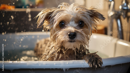 The dog is bathing in the bathroom.