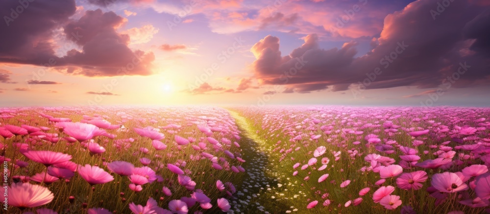 In the stunning beauty of a summer field, the vibrant pink floral carpet formed by countless flowers painted the green grass with an array of colors, creating an enchanting scene that embodied the