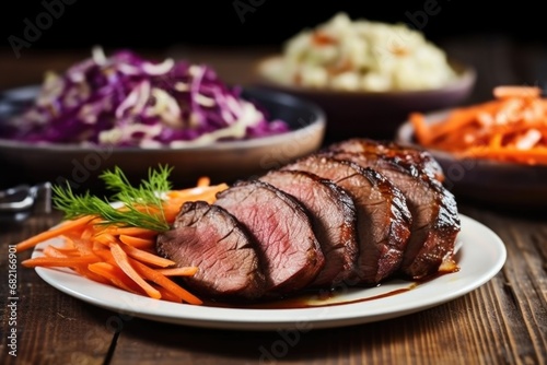 tender beef brisket slices with a side of coleslaw photo