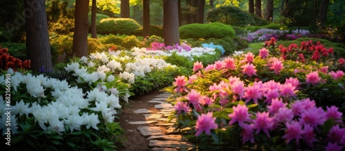 In the enchanting beauty of the summer garden  a floral wonderland emerges as vibrant blooms create a kaleidoscope of colors amidst the lush green foliage. The delicate petals of a white flower sway