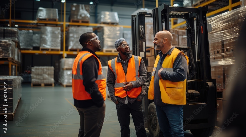 
Diverse warehouse team with a forklift operator discussing logistics and workflow in a large industrial storage facility. Ai generated