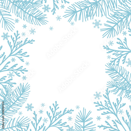 Blue Christmas frame with fir, pine branches and snowflakes. Isolated vector illustration