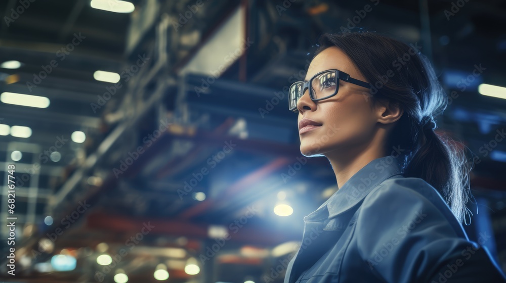 Focused female engineer in hard hat and safety glasses surveying the manufacturing floor, embodying dedication and expertise in industrial management. AI generated Focused female engineer in hard hat and safety glasses surveying the manufacturing floor, embodying dedication and expertise in industrial management. AI generated