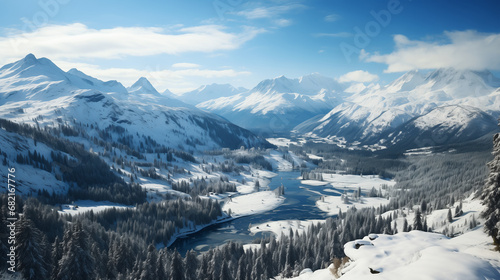 Fantastic winter, spring landscape with river and mountains, sunny day. Dramatic overcast sky. Creative collage. Beauty world wallpaper