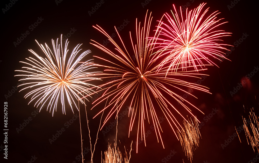 Fireworks Light Up the Sky. Beautiful New Year Fireworks. Dark Sky. Explosion. Abstract Colored Firework Background