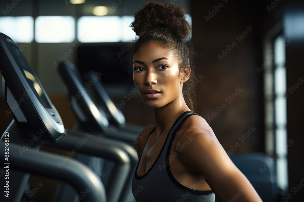 African American Woman On Exercise Bike, Prioritizing Fitness African American Woman On Exercise Bike, Prioritizing Fitness
