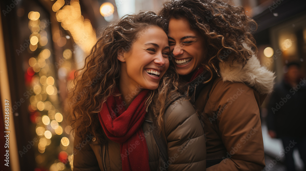 Close up portrait of two young women laughing while walking in the street