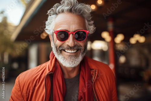 Portrait of a handsome smiling, happy and pleased man with positive vibes. Human person dressed in fashionable, colorful and fun clothes. Generative AI, AI