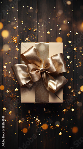 Elegant gifts with wooden background. Black and gold glitter Christmas gifts.