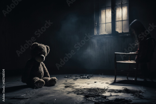 Dark, Abandoned Room With Lonely Child And Teddy Bear. Сoncept Gloomy Atmosphere, Haunting Setting, Forgotten Memories, Eerie Teddy Bear