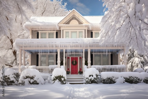 winter scene with snow layered on georgian dentil molding photo